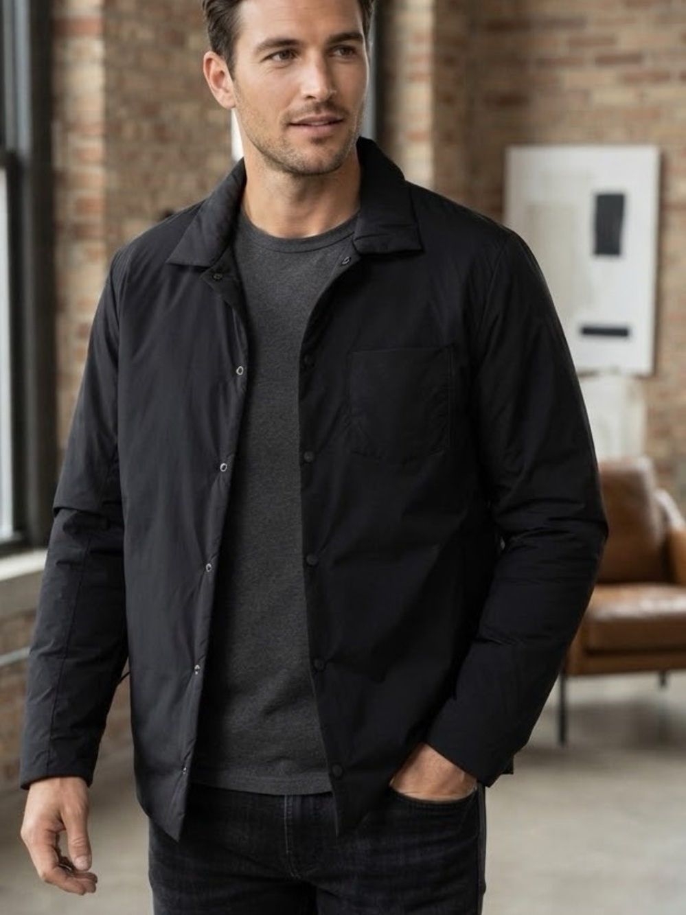 Hill City Thermal Light Puffer Shirt Jacket in Black